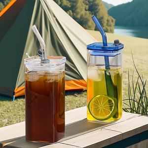 कस्टम स्पष्ट ग्लास कॉफी सोडा कप बोबा मसाला जार बॉक्स मग 380 एमएल स्क्वायर लीक-प्रूफ ढक्कन ऑन-टाइम शिपिंग टिकाऊ - Product Image 1