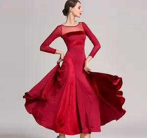 OCTS9047 Red/Black Ballroom Dance Dress LadyのSimple Practice Long Sleeve Stage Dancing Dress