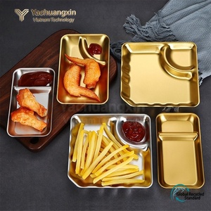 Plato cuadrado de metal para la cena con compartimento para salsa, acabado en plata y oro, juego de vajilla para uso diario. - Product Image 3