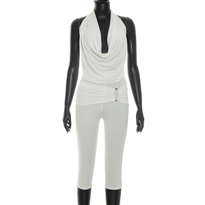Viviblook J26ST138 Women Summer <b>Set</b> <b>Sexy</b> Mesh Straps Backless Halter Tank Top Cropped Pants Two Piece <b>Set</b> - Product Image 5