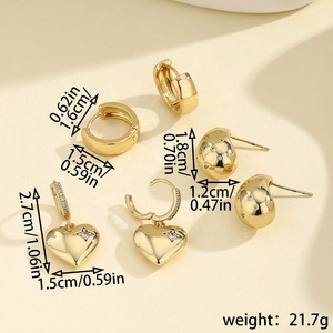 Pendientes de Oro de 18K con Forma de Corazón, Diseño Geométrico con Incrustaciones de Diamantes, Estilo Francés de Alta Gama, Chapado en Cobre - Product Image 2