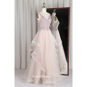 Chất Lượng Cao Mới Dài Thanh Lịch Ngành Công Nghiệp Nặng Chính Thức Phụ Nữ Dresses Sâu V Cổ Puffy Evening Dresses Quyến rũ Vải Tuyn Beading Prom - Product Image 2