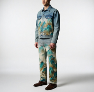 Jeans WangSheng para Hombre con Estampado de Montañas Verdes Estilo Paisaje Chino, Lavado Azul Claro, Cintura Alta, Pierna Ancha, Estilo Vintage - Product Image 6