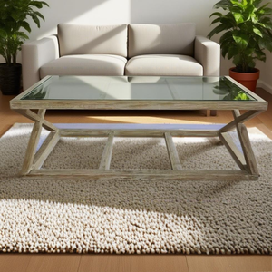 Bàn trà hình chữ nhật mặt kính chân gỗ sồi nguyên khối kiểu cổ điển hiện đại HL359, kích thước 130x70x45cm - Product Image 1