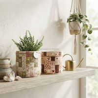 Pot de fleurs en céramique texturée, motif botanique vintage patchwork, design couleur et taille personnalisés, pour plantes succulentes et cactus