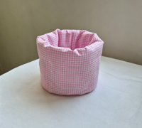 Panier de rangement rond en tissu coton gingham, plissé, pour cosmétiques de bureau, seau de rangement pliable en tissu pour articles divers et maquillage