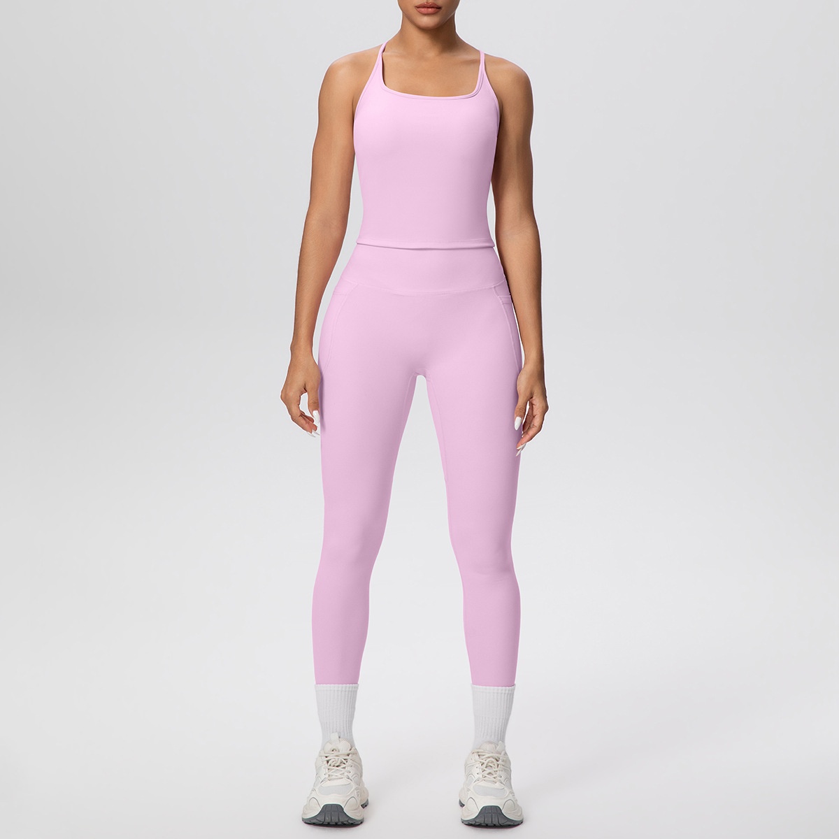 Cross-border New Quick-drying Spandex/Nylon Back Yoga Sports Suit 2-Piece Set Slim-fit Hip-lifting Elastic Waist Spaghetti Strap