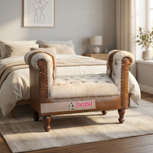 Sofá de un asiento estilo Diwaan vintage, artesanía Jangid, de madera, cuero y tela, hecho a mano, duradero, ecológico, para el hogar, hotel, sala de estar - Product Image 3