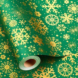 กระดาษห่อของขวัญคริสต์มาสสีเขียวลายเกล็ดหิมะสีทองเลเซอร์หรูหรา  กระดาษฟอยล์ลายนูนสีทองเมทัลลิก สำหรับห่อของขวัญ - Product Image 2