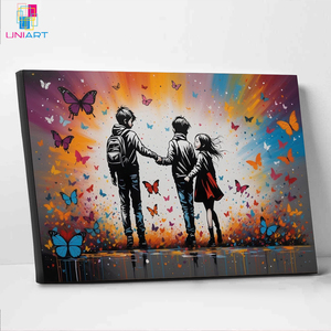 Uniart banksy Hai chị em và một anh em với những con Bướm đầy màu sắc vải banksy bướm tình yêu thực sự nghệ thuật Graffiti trang trí phòng trẻ em - Product Image 2