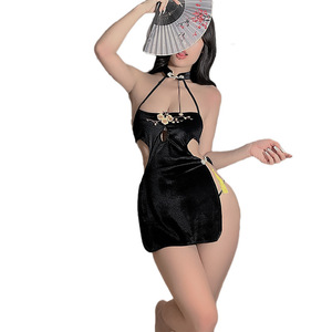 <strong>Sexy</strong> Women's Underwear with Plum Blossom Embroidery Chest High Slit Cheongsam Classical Velvet <strong>Uniform</strong> ODM - Product Image 5