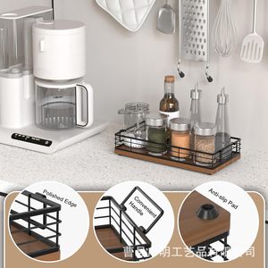 Rectangular Wooden Storage Tray For Bathroom Vanity Countertop With <b>Metal</b> <b>Grid</b> Coffee Brown Multifunctional Organizer - Product Image 2