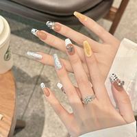 Ongles en forme de cercueil 3D, moyens, à bout français, motif vache, faits à la main, à presser, en ABS, 10 pièces, ensembles d'ongles en forme de cercueil 3D, moyens