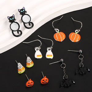 Ensemble de boucles d'oreilles Halloween, boucles d'oreilles à clous en forme de citrouille et de chauve-souris pour femmes, bijoux de fête, alliage de zinc, acier inoxydable - Product Image 3