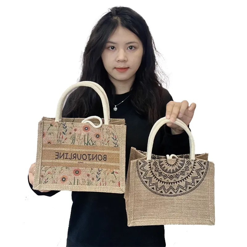 Eco Recycle sacola de juta com logotipo personalizado sacola de compras de linho de serapilheira natural dobrável e reutilizável
