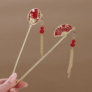 Horquilla para el pelo con borla roja y flor de perlas, elegante forma de abanico, estilo chino versátil, para fiesta Hanfu - Product Image 3