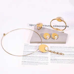 Luxus 4 Stück Halskette Armreif Ohrring Ring Hochzeit Geometrische Opal Schmuck Sets Edelstein Anhänger Wasserdicht Edelstahl Schmuck Set