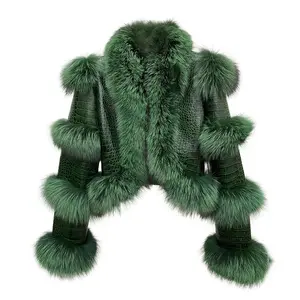 New Arrival Winter Crocodile Pattern Leather Fur Coat Women Genuine Sheepskin Leather Jackets with Fox Fur