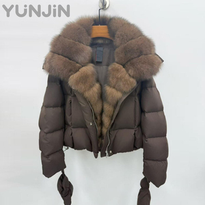 Veste matelassée de luxe tendance pour femme avec col en fourrure de <span class=keywords><strong>renard</strong></span> véritable, revers, duvet d'oie blanc, coupe ample, courte, chaude et épaisse, parka d'hiver - Product Image 1