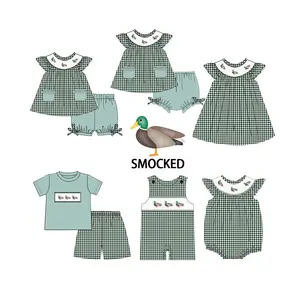 Puresun Hunting Kids Clothes Smocked Children Clothing Green Gingham Cotton Baby Girl Clothing With Duck Embroidery