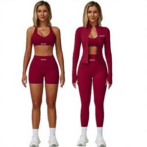 Custom Solid Front <b>Women</b> Athletic Wear Ribbed Suit High Waist Running Leggings Gym Sports Bra Crop Top Jacket Workout Yoga Sets - Product Image 4