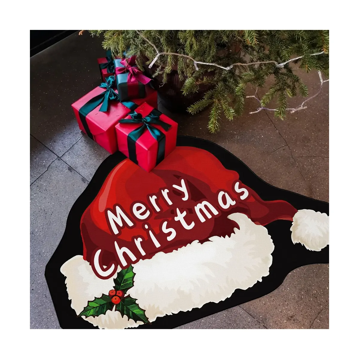 Merry Christmas Hat Area Rug Polyester Crystal Velvet Christmas 3d Carpet Winter Holiday Floor Mat Non-Slip Xmas Rug Wholesale