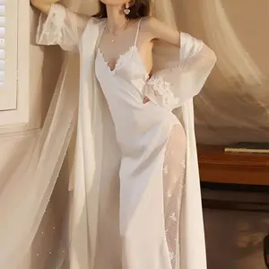Roupão de banho de cetim longa branca, luxuosa, para noivas, de seda, pijama longo