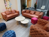 Sofá Seccional de pata dorada de cuero de terciopelo con botones profundos de estilo moderno italiano de lujo SF001