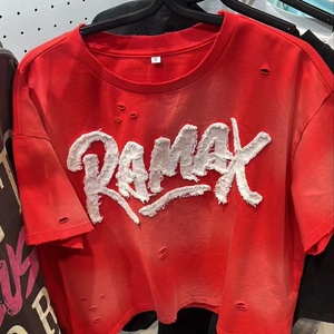 Fabricante de Ropa, Camiseta Personalizada para Hombre con Lavado Desgastado, Parche Bordado, Estilo Urbano, Cuello Redondo - Product Image 1