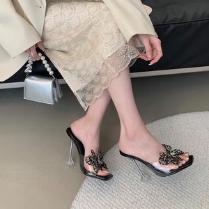 Sandales d'été à talons originaux pour femmes, avec strass, bout carré, chaussures de soirée transparentes - Product Image 5