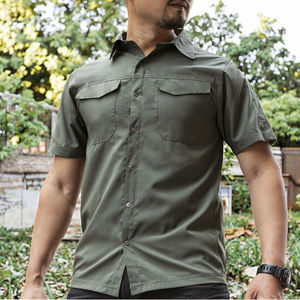 Chemise tactique vintage à manches courtes en twill de polyester pour homme, finition délavée, activités de plein air, randonnée, voyage, trekking - Product Image 3