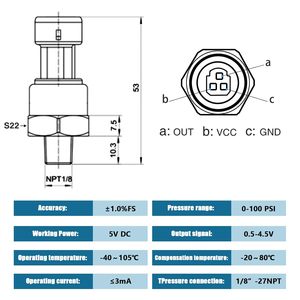 Capteur de pression FUSCH 100 PSI en acier inoxydable 1/8 - Product Image 2