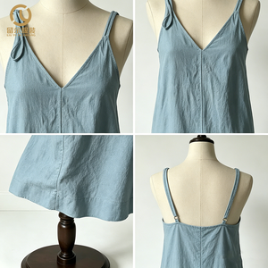 Abito Lungo da Donna in Lino Stile Retrò, Nuovo Modello Personalizzato con Scollo a V e Spalline Sottili, Vestito Casual Ampio da Spiaggia, Tinta Unita Naturale OEM - Product Image 4