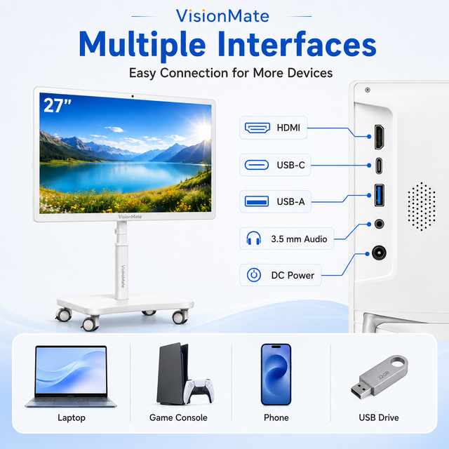 27 Inch Portable Smart TV on Wheels Android Touch Screen Mobile Display with Camera Speaker and Battery