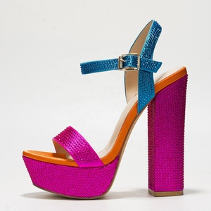 Sandales à bout carré pour femmes, ornées de strass, talons épais, plateforme large, imprimé léopard, chaussures de soirée - Product Image 5