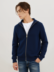 Cárdigan de lana 100% con cremallera de calibre 30 para hombre, suéter de punto de cuello semialto grueso, Jersey informal de Color sólido para otoño e invierno, cálido y acogedor