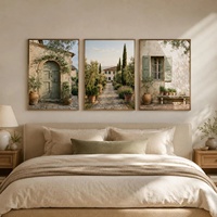 Ensemble de 3 tableaux muraux européens représentant des cours d'oliviers, des impressions de villas italiennes, des paysages de palmiers d'olivier méditerranéens, peintures sur toile encadrées