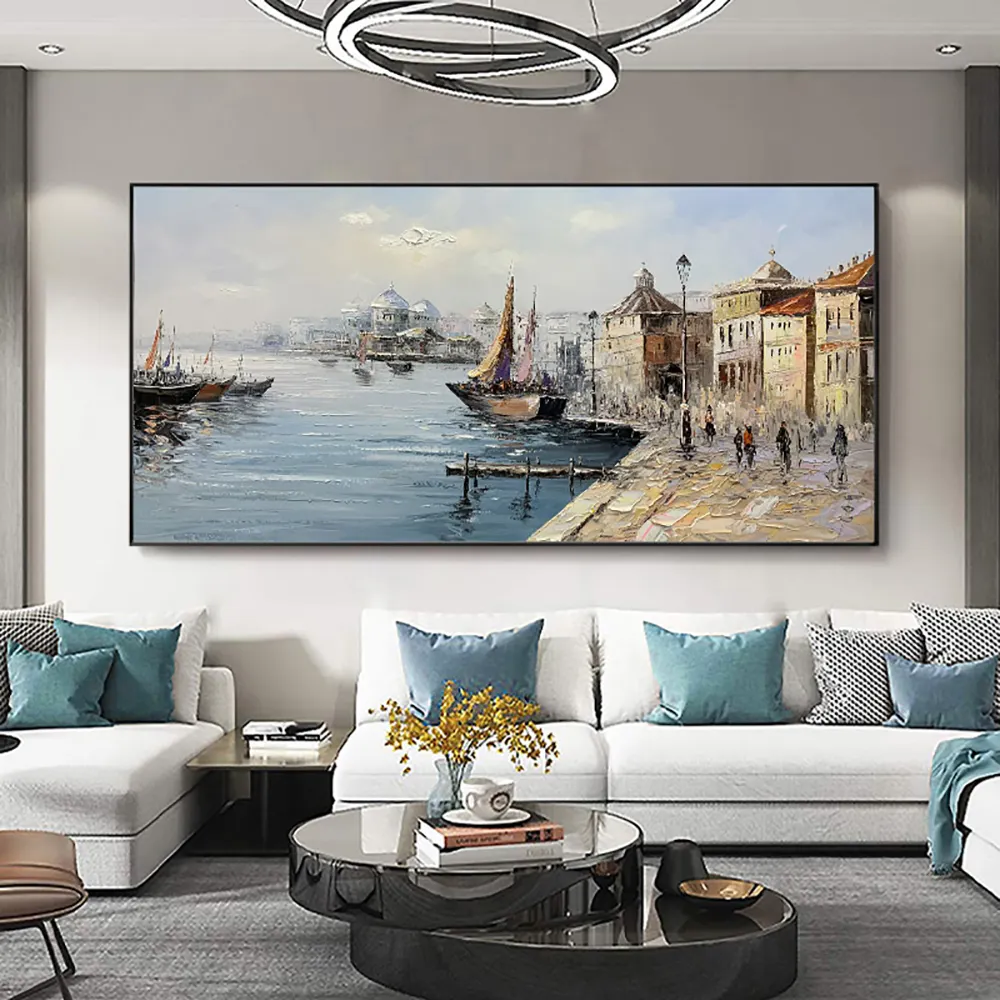 100% Hand Painted Vintage Venice Landscape Handmade Abstract Large Size hand made landscape oil painting wall art
