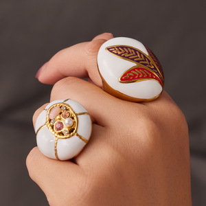 Women's Bohemian <b>Cocktail</b> <b>Rings</b> <b>Gold</b> Plated Porcelain Pearl Stone Plant Pattern Party Jewelry - Product Image 2