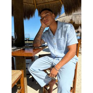 FOXA Mens 2 Piece Summer Outfit Cotton Button <b>Down</b> Shirt Loose Pants Set Breathable Beach Casual Wear - Product Image 5