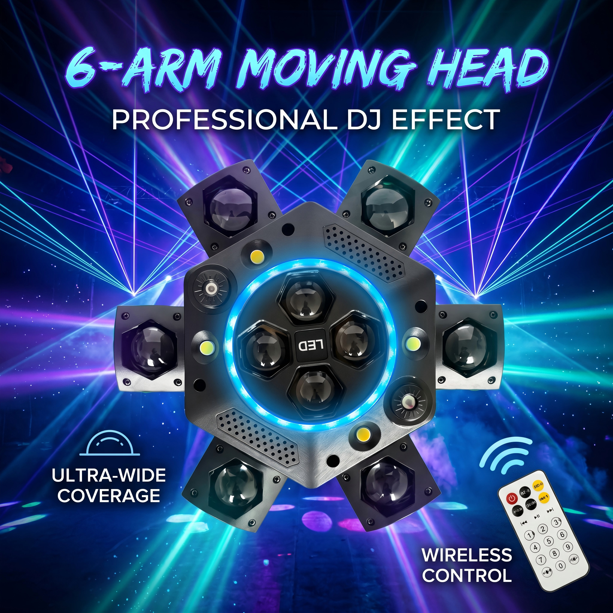 6-Arm Moving Head DJ Light RGBW Bee-Eye Beam with Red/Green Starry Laser & Strobe, DMX512 Stage Lighting for Disco Club Party