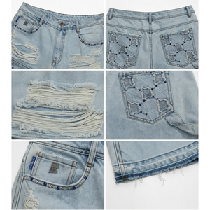 Jean en denim coupe droite taille mi-haute, longueur genou, en tissu denim lavable et résistant à la décoloration, avec surpiqûres à motif quadrillé orné - Product Image 5