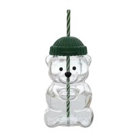 Gobelet en verre borosilicate de Noël en forme d'ours en peluche 550-600 ml, anti-fuite, avec couvercle vert et paille, compatible micro-ondes et lave-vaisselle