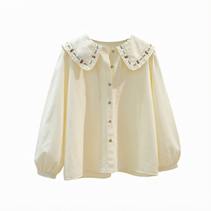 Blusa de Algodón Crema para Mujer con Cuello Peter Pan, Bordado, Manga Abullonada, Corte Holgado, Estilo Vintage Lindo para Primavera/Verano - Product Image 1