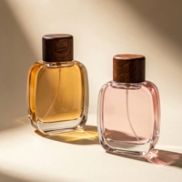 Flacons de parfum en verre de luxe 30ml 50ml 100ml, plats, transparents, vides, avec atomiseur pressurisé et bouchons en bois