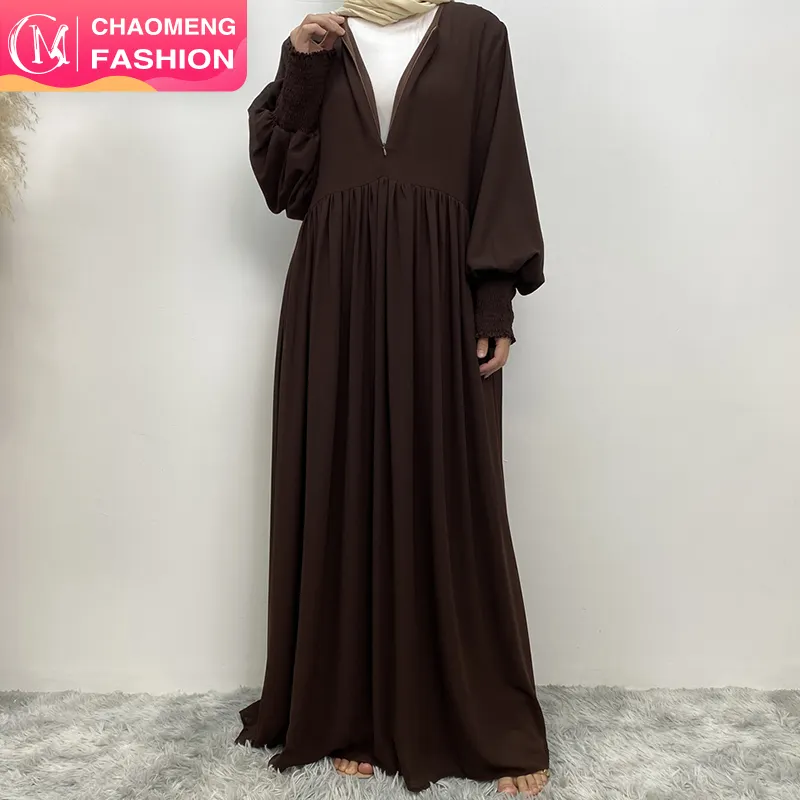 6685# Eid muslim women new arrival summer solid color front zip a-line dress loose large hem modest fashion maxi dresses with fu