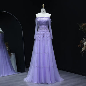 Robes de soirée formelles élégantes pour femmes LSZ588, style A-line, couleur lilas, motif floral 3D, plumes antistatiques, longueur au sol - Product Image 1