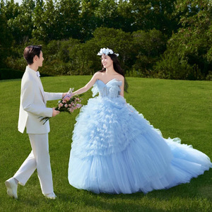 Blue Strapless Ball Gown Wedding Dress Empire Waist Floral Print Forest Theme Long Train Gown - Product Image 5