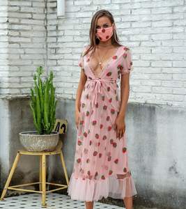 Robe de bal pour <span class=keywords><strong>femme</strong></span>, <span class=keywords><strong>grande</strong></span> <span class=keywords><strong>taille</strong></span> S-5XL, style cérémonie américaine, nouvelle collection, manches bouffantes, en gaze tissée motif fraise, naturelle - Product Image 5