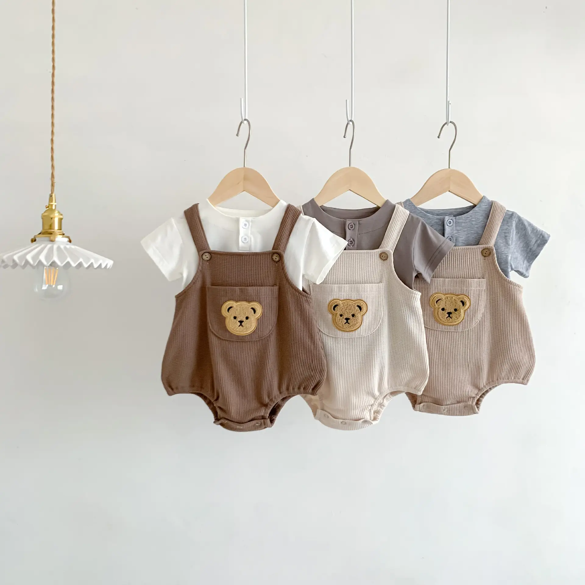 Baby Zomer Ophangende Korte Mouw T-Shirt Wafel Beer Tweedelig Pak